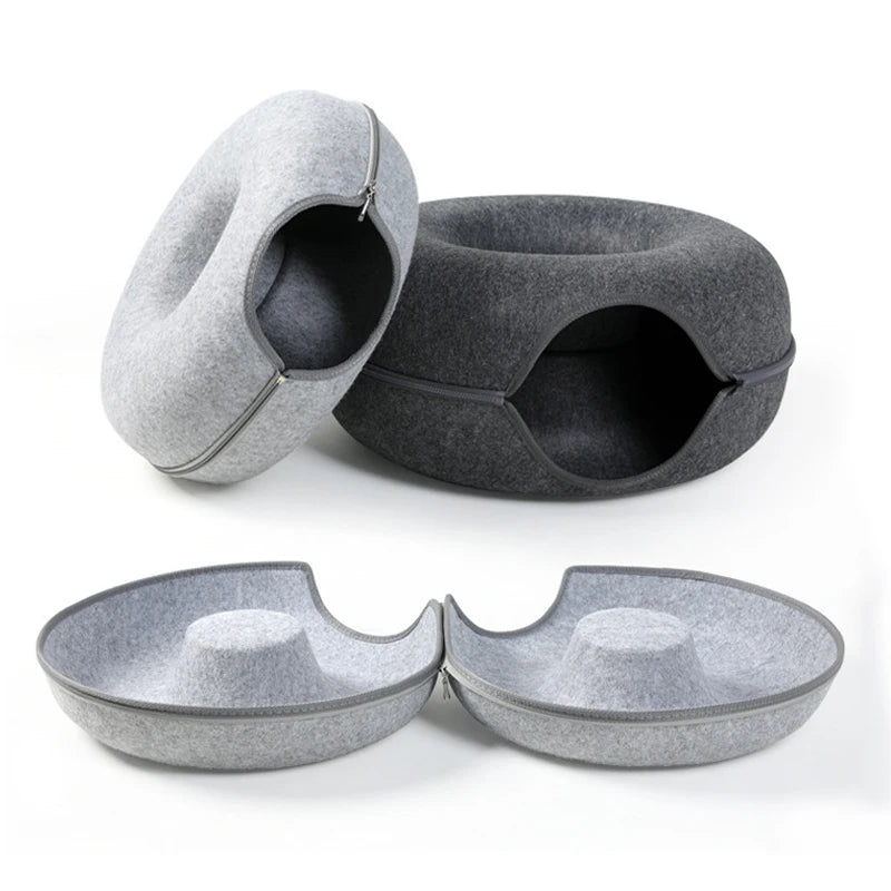 Donut Cat Tunnel Bed Pets House Natural Felt Pet Cat Cave
