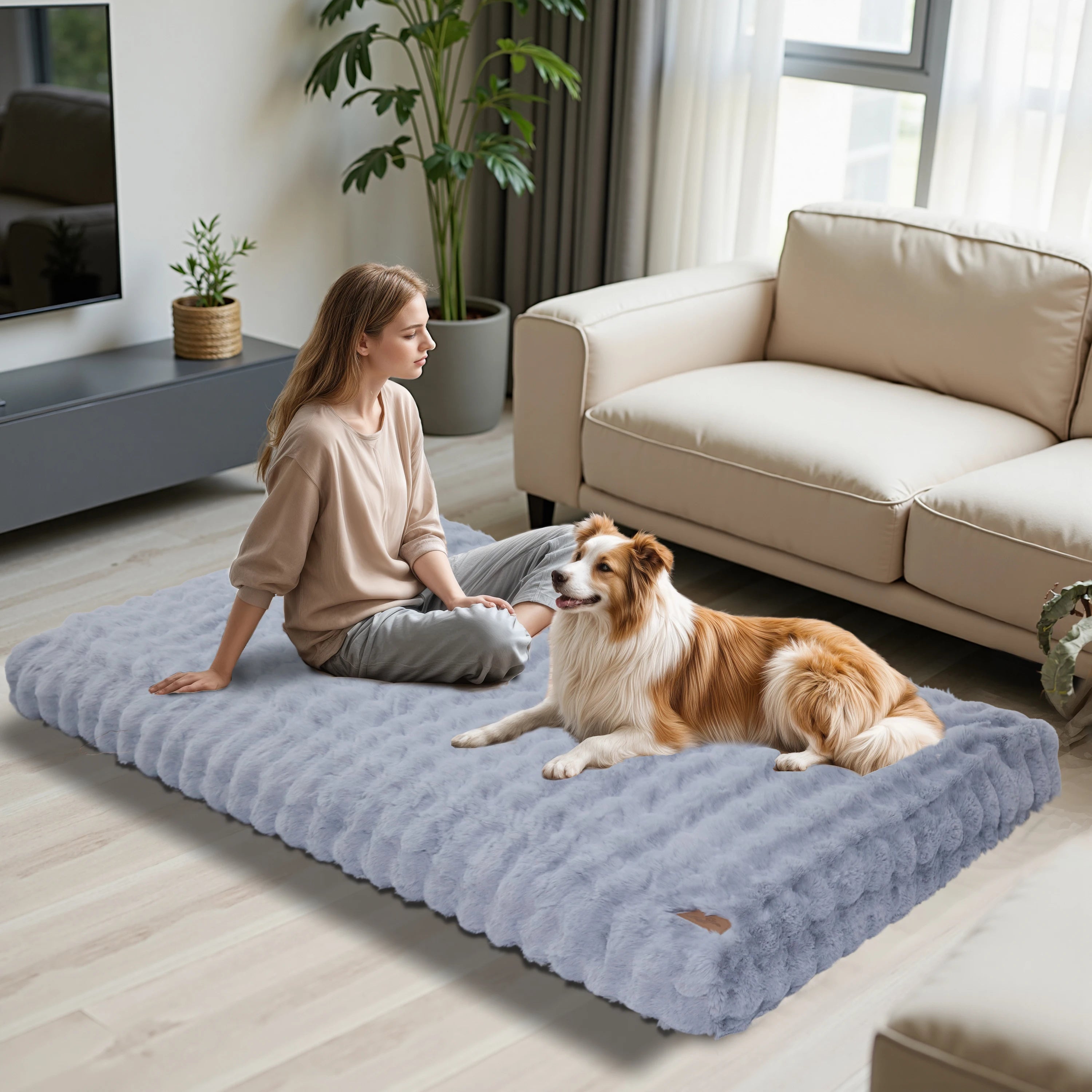 Fluffy Dog Crate Bed for Extra Large Dogs, Plush Faux Fur Crate Pad
