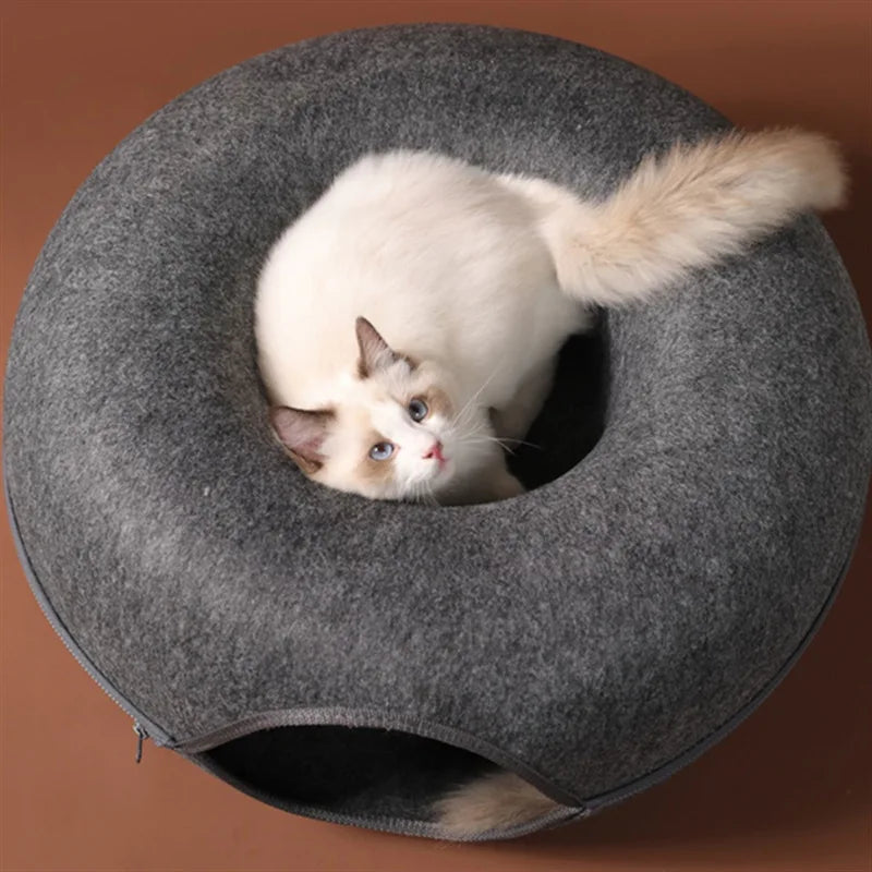 Donut Cat Tunnel Bed Pets House Natural Felt Pet Cat Cave